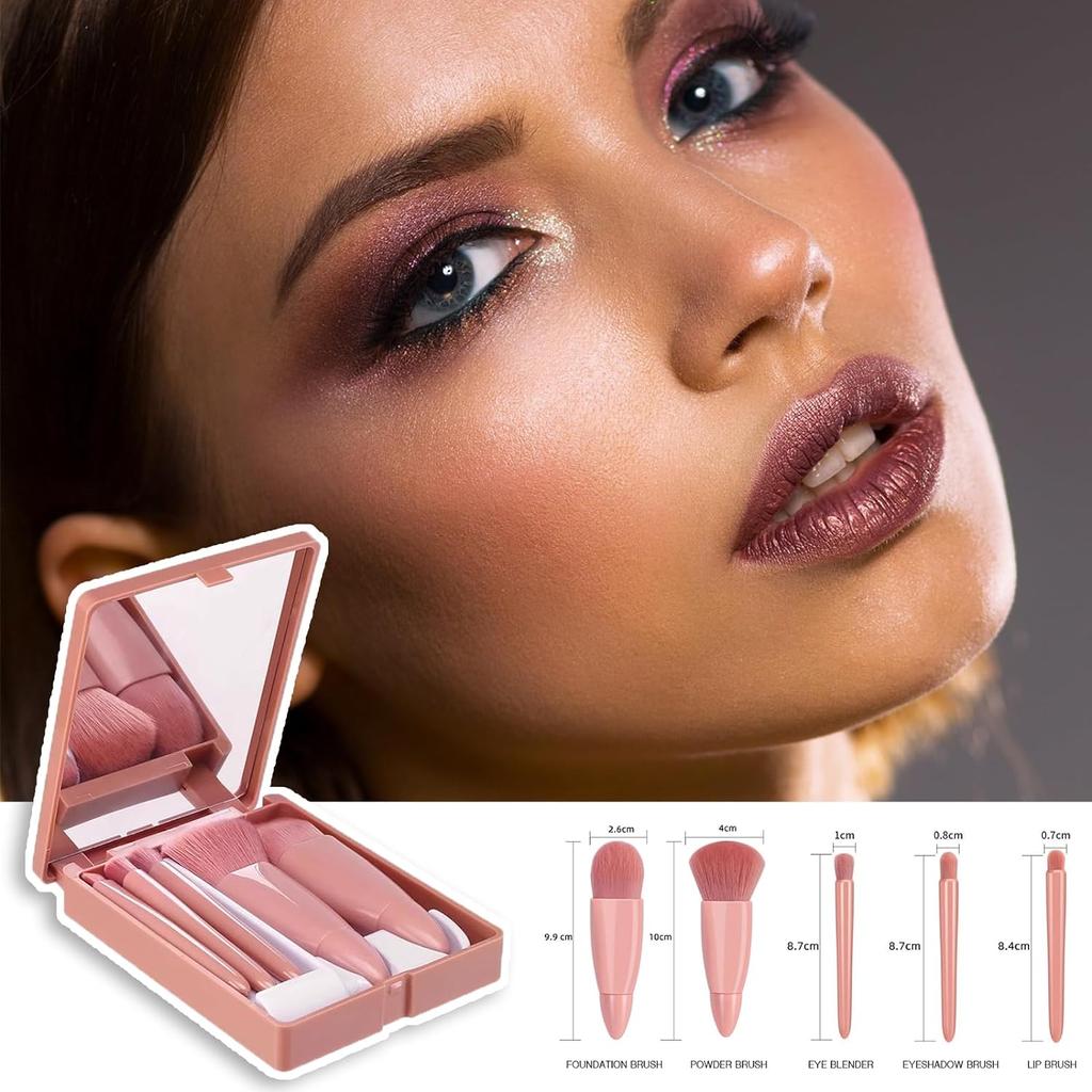 Complete Travel Miniature Makeup Brushes Kit: Professional 5pcs Multipurpose Set with Cosmetic Mirror - Your Portable Beauty Essentials