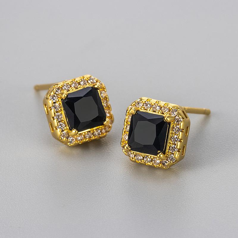Classic Luxury Shining Zircon Square Color Imitation Gemstone Stud Earrings for Women Trendy Exquisite Stainless Steel Jewelry