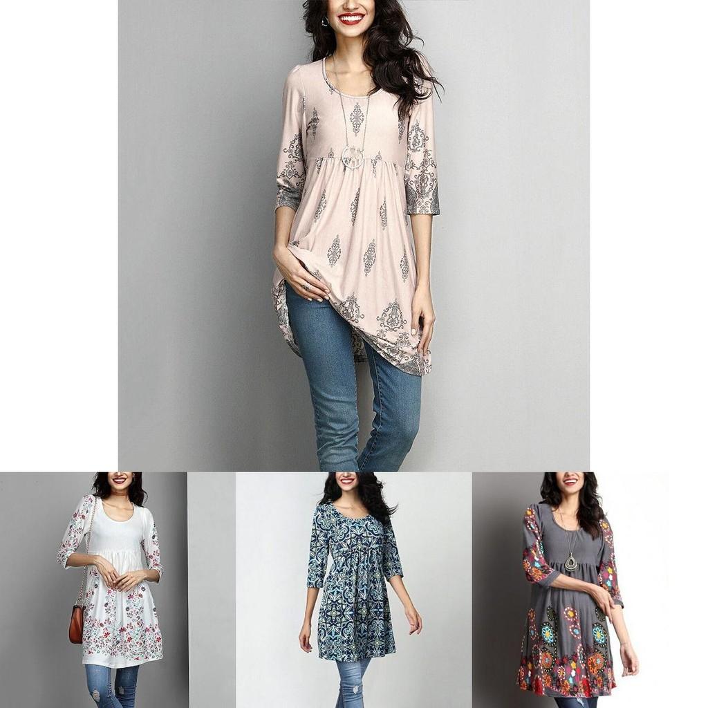 Elegantes Plus Size Damen Druck Langarm Mini Kleid T-Shirt Tunika Herbst S-5XL