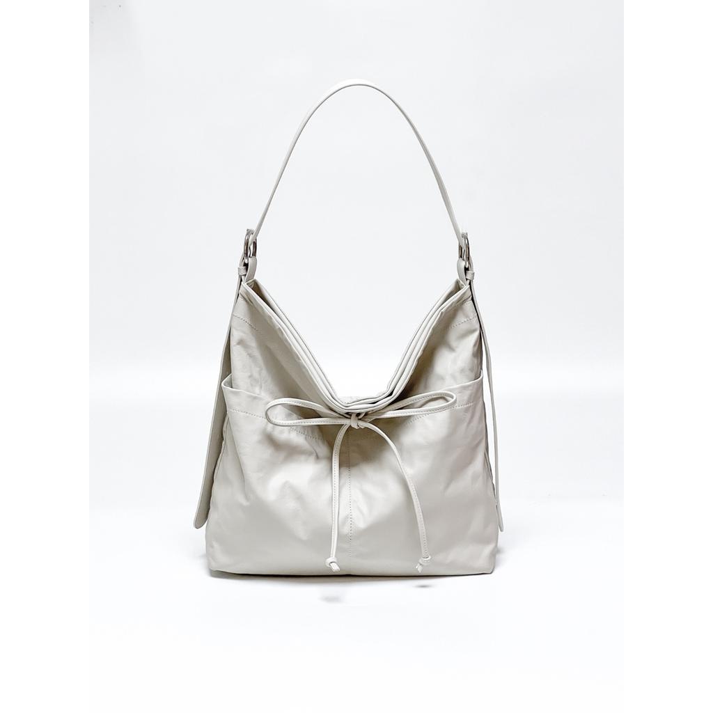 Korean Tote Bag Women's Large-capacity First-layer Cowhide Lazy Wind Shoulder Messenger Bag Casual Versatile Commuter Pleated Bag