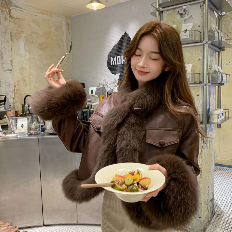 Vintage Patchwork Faux Fox Fur Coat Short Outerwear Women Retro Style Jacket