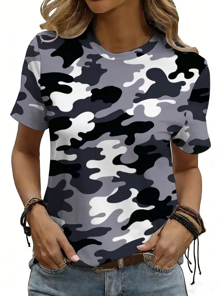Camouflage T-Shirts Camo 3D Print Women's Casual Short Sleeve Round Neck