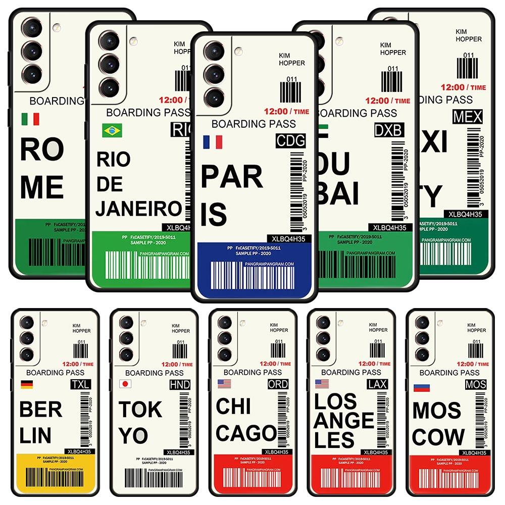 World City Travel Ticket New York London Label Phone Case For Samsung S24 S23 S22 S20 Ultra S21 FE 5G S10 S9 Plus S10E S8 Cover