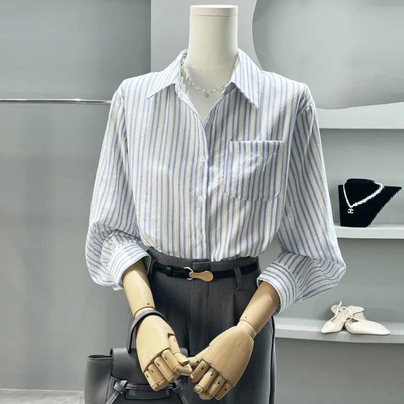 

Women s Blue and White Striped Shirt Casual Loose Long Sleeve Button-Down Blouse with Chest Pocket S синій