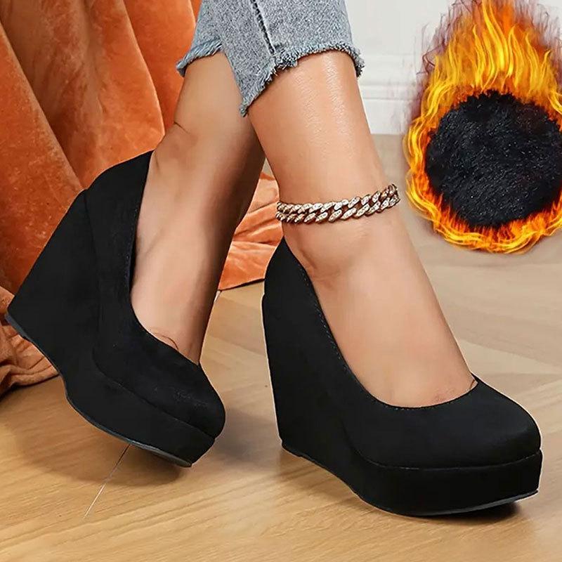 Spring Autumn Suede Women's Wedge Heels Shoes Round Toe Retro Thick Sole Platform High Heels Large Size Women's Shoes
