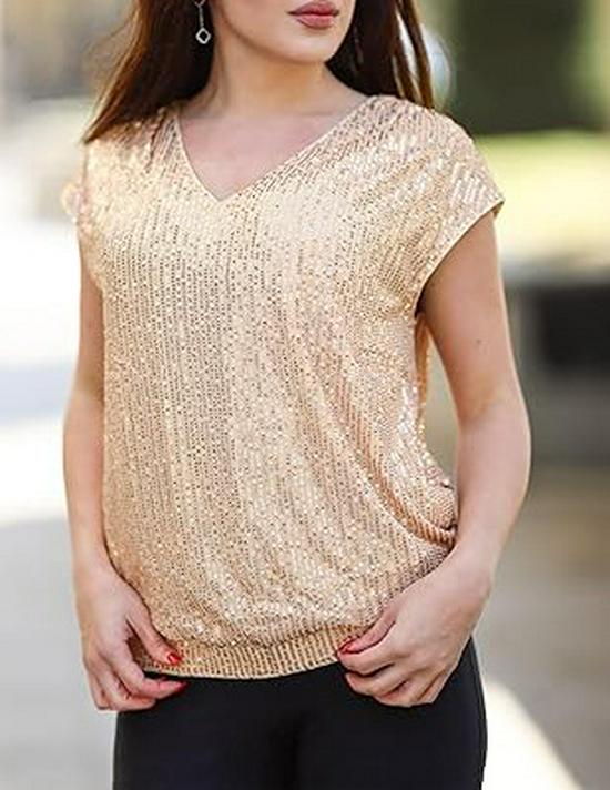 Women's Solid Color V-neck Raglan Sleeve Sequin Top