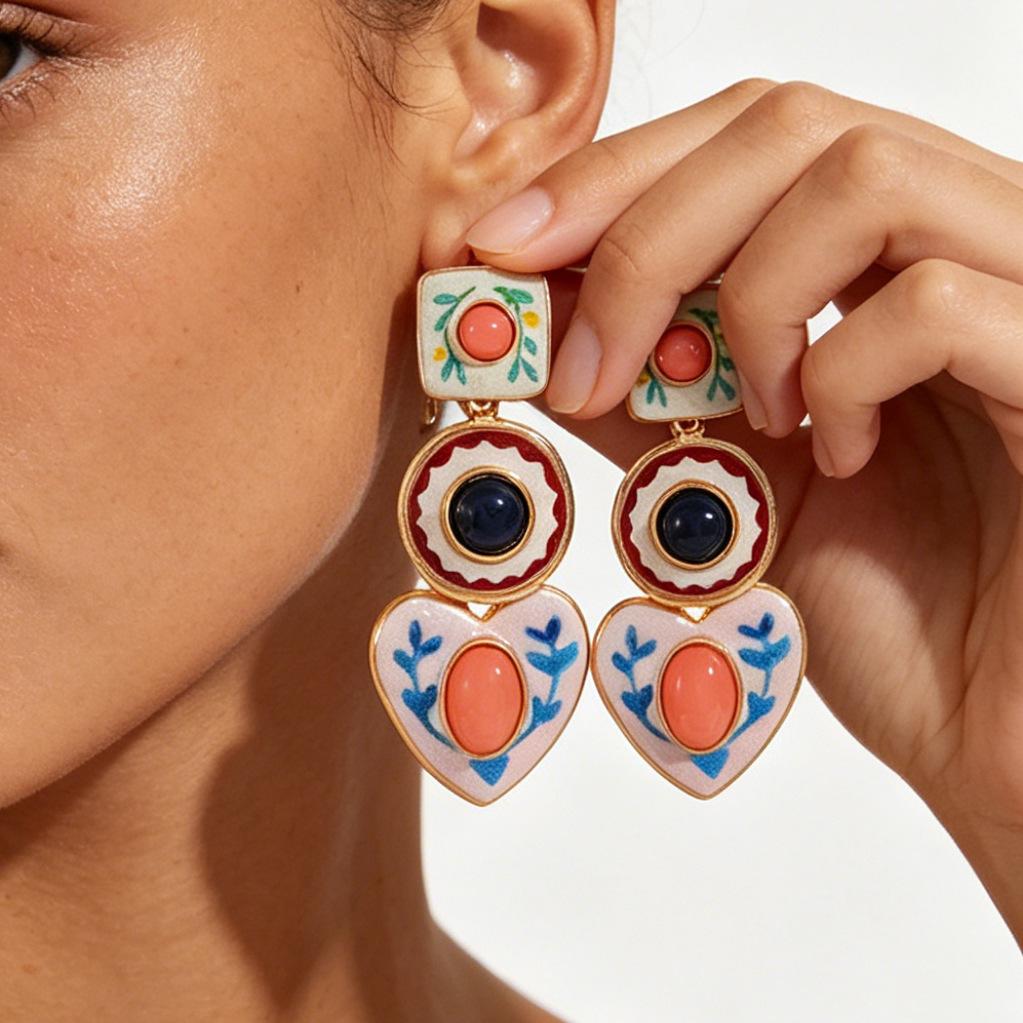 Hot Selling Retro Artistic Unique Design Enamel Love Heart Square Pendant Earrings for Women Fashion Jewelry Accessories Gift