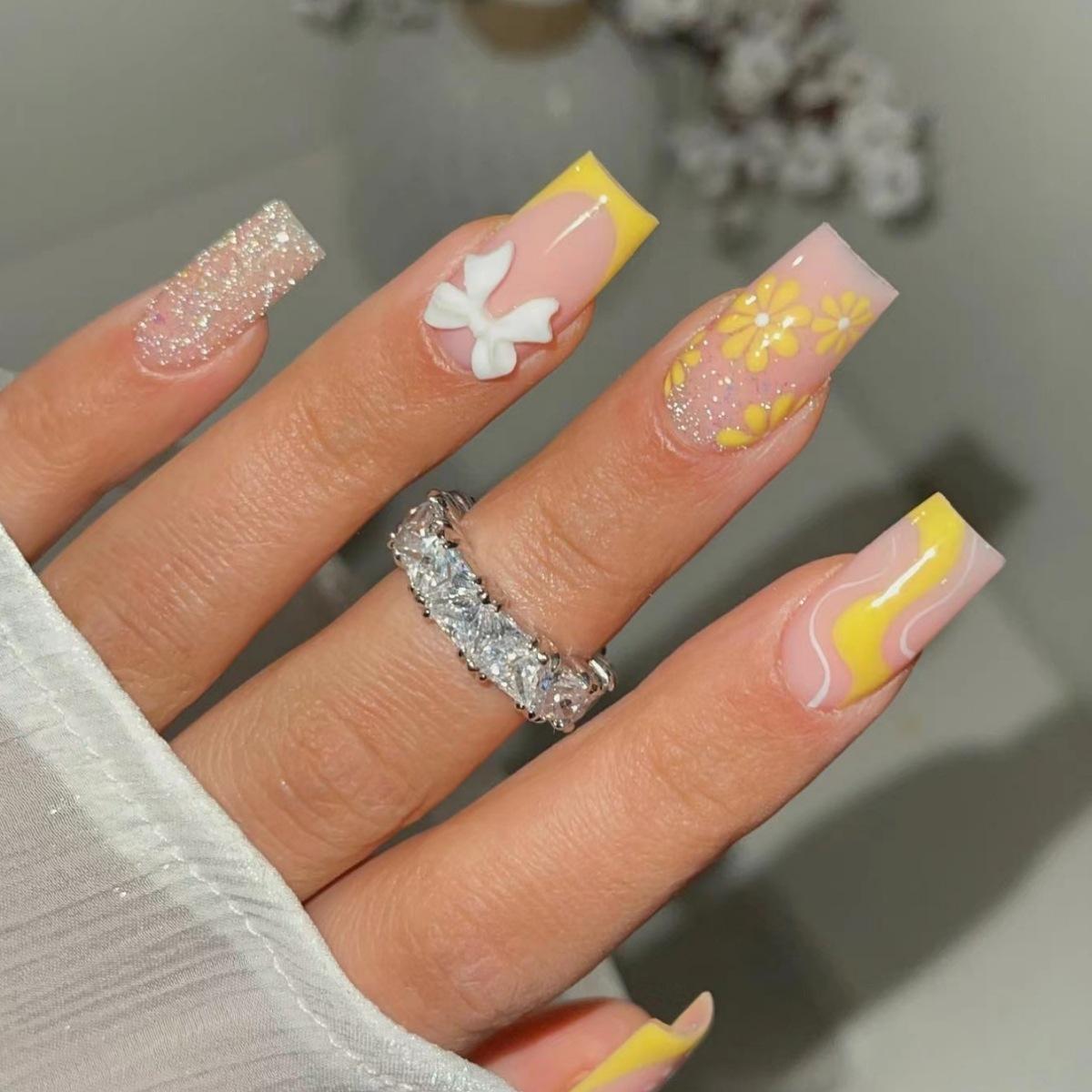 Nail Art Wearing Nail Yellow Floral Wearing Nail Three-Dimensional Bow Nail Press Fake Nail *3pcs