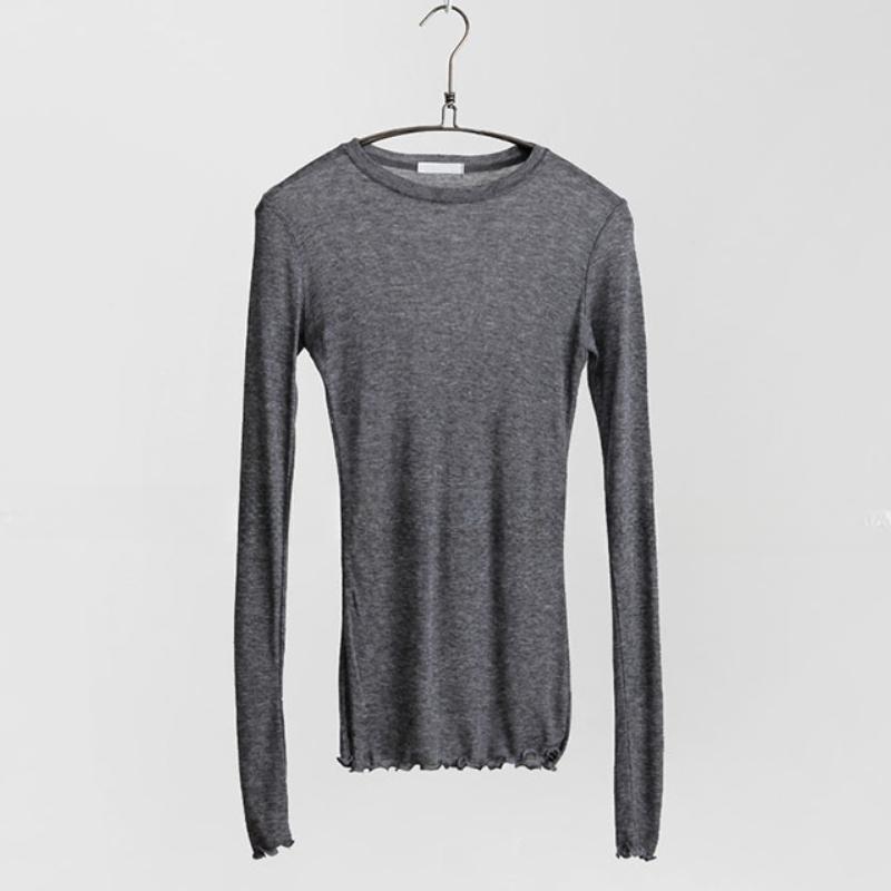 

Сексуальная прозрачная женская футболка с длинным рукавом, модная новая элегантная футболка с круглым вырезом на осень-зиму, женская простая однотонная офисная женская футболка 25668 One Size серый