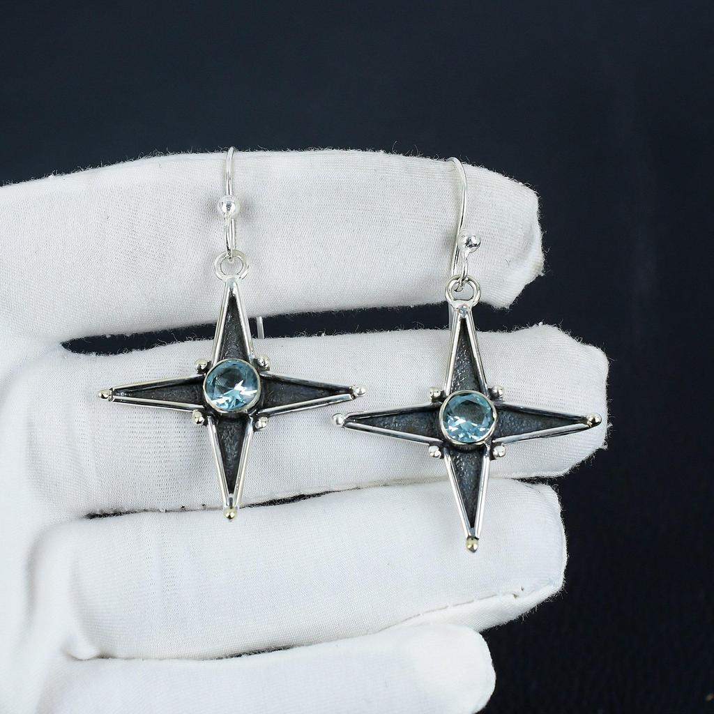 Dainty Blue Topaz Gemstone Star Shape Earrings, 925 Sterling Silver Earring, Handmade Boho Silver Jewelry Dangle Earrings, Party Wear Gift