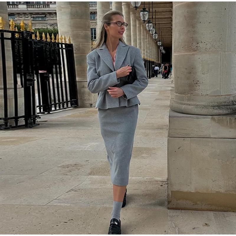 Woolen Blazer Coat Skirt Sets Women Notched Button Up Slim Jacket Zipper Skirt Suits 2 Pieces Female 2025 New Elegant Thicken Spring Autumn Set