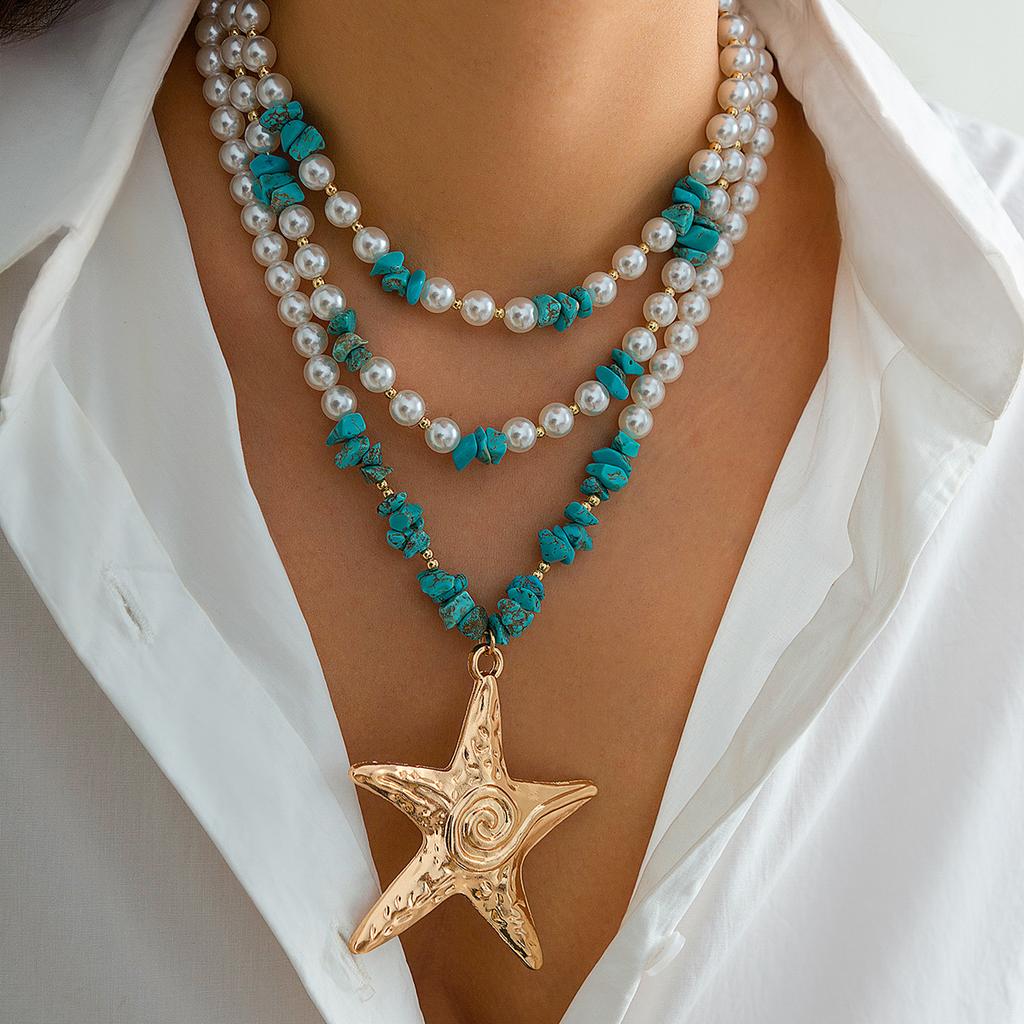 Exaggerated Gravel Starfish Multi-layer Necklace Female, Personalized Beach Vacation Lava Star Item
