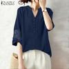 ZANZEA Women Lace Splice 3/4 Sleeve Casual V-Neck Blouse