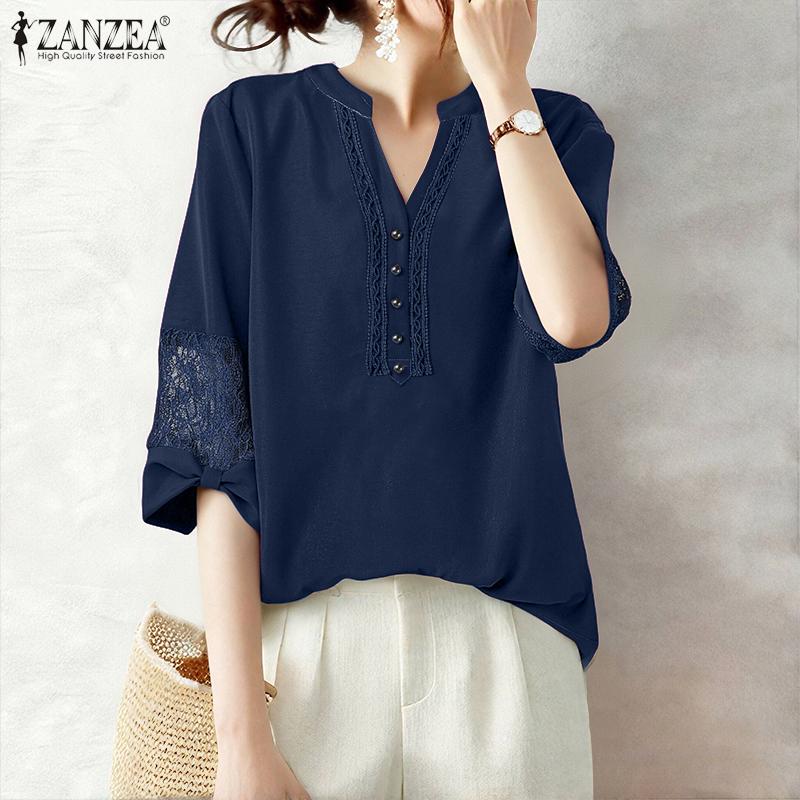ZANZEA Women Lace Splice 3/4 Sleeve Casual V-Neck Blouse