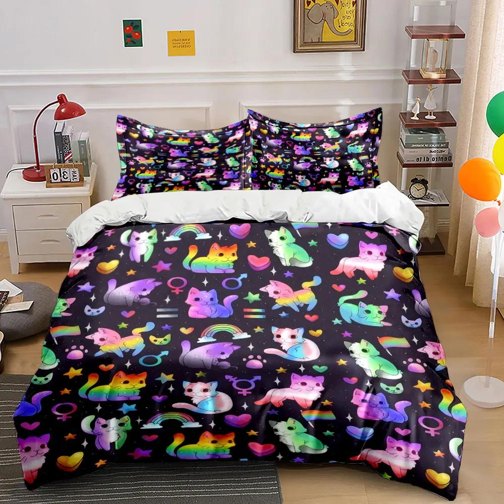 Regenbogen-Katzenmuster Dekorationsset Bettwäsche-Set mit 1 Bettbezug 2 Kissenbezügen Einzel Doppel King Queen Geschenk