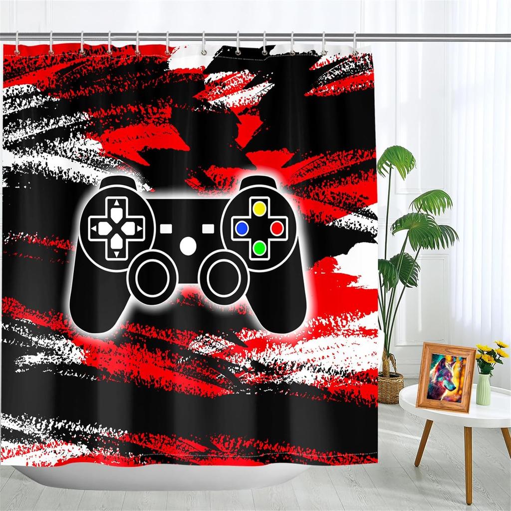 Boy Room Video Gamepad Printed Shower Curtain, Toilet Bathroom Bathtub Decorative Shower Curtain With 12 Hooks