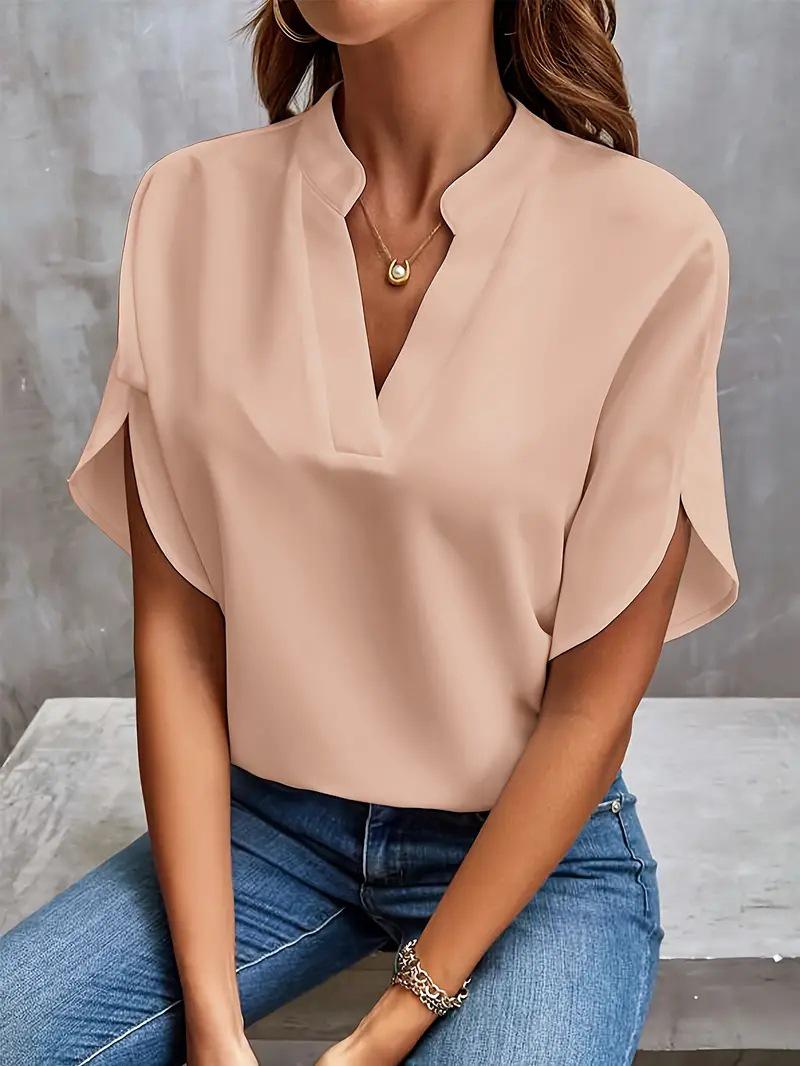 

2025 Summer Women s V-neck Loose Solid Color Casual Shirt Medium розовый