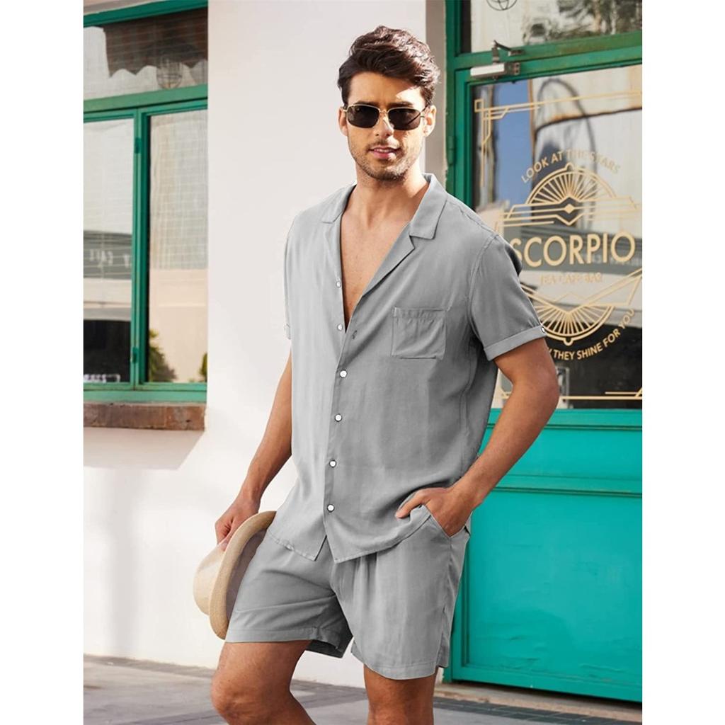 Cross-border Summer Sports Short-sleeved Shorts Set Linen Loose Casual Men's Shirt Set