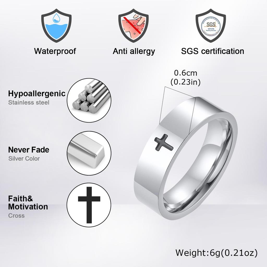 Vnox Classic Cross Ring for Women Men, 6mm Glossy Stainless Steel Wedding Band, Unisex Religious Christian Jesus Christ Rings