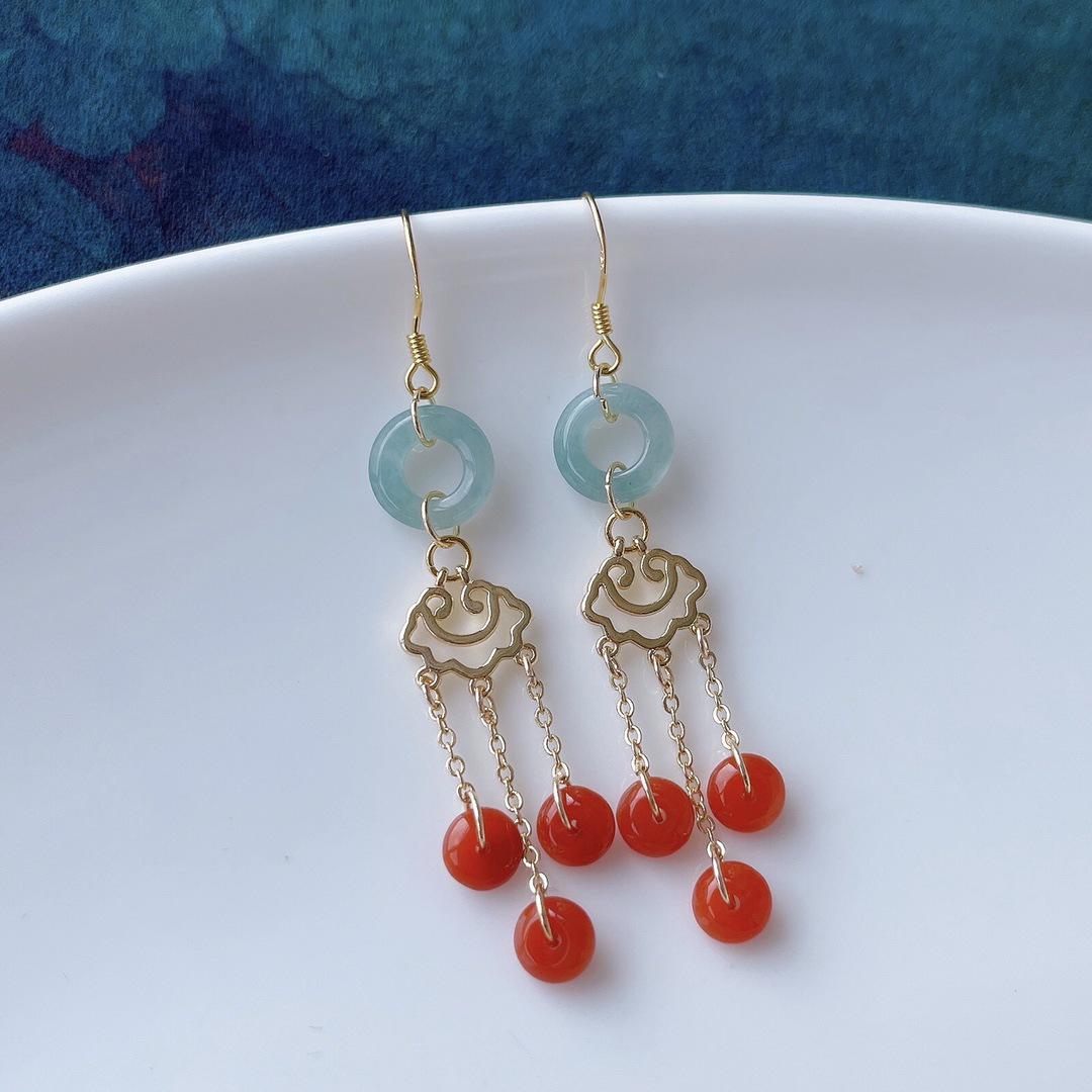 Natural Red Jade  Blue Water Sweet Donut Earrings with 14k Gold Plated Chinese Style Accents