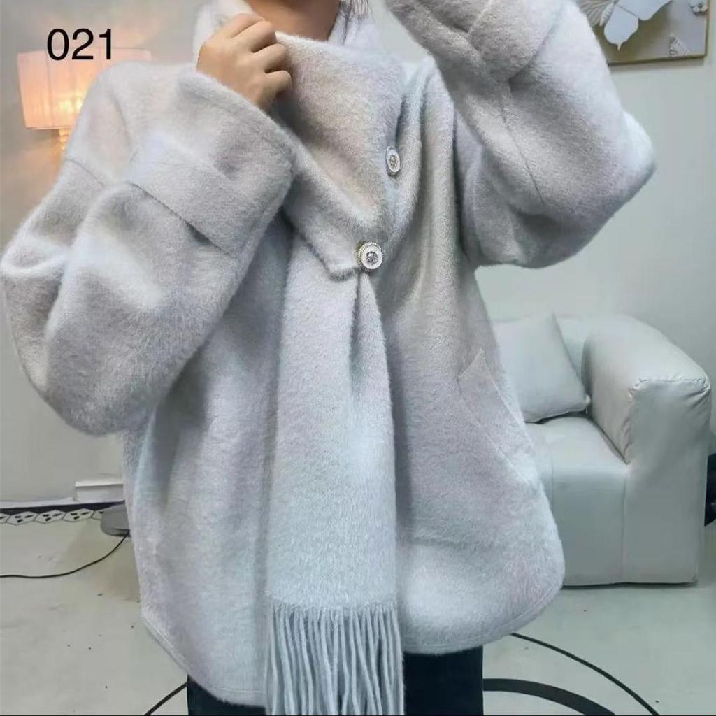 Französischer Rosa Schal Dopamin Pullover Mantel: Damen Winter Locker Gestrickte Strickjacke