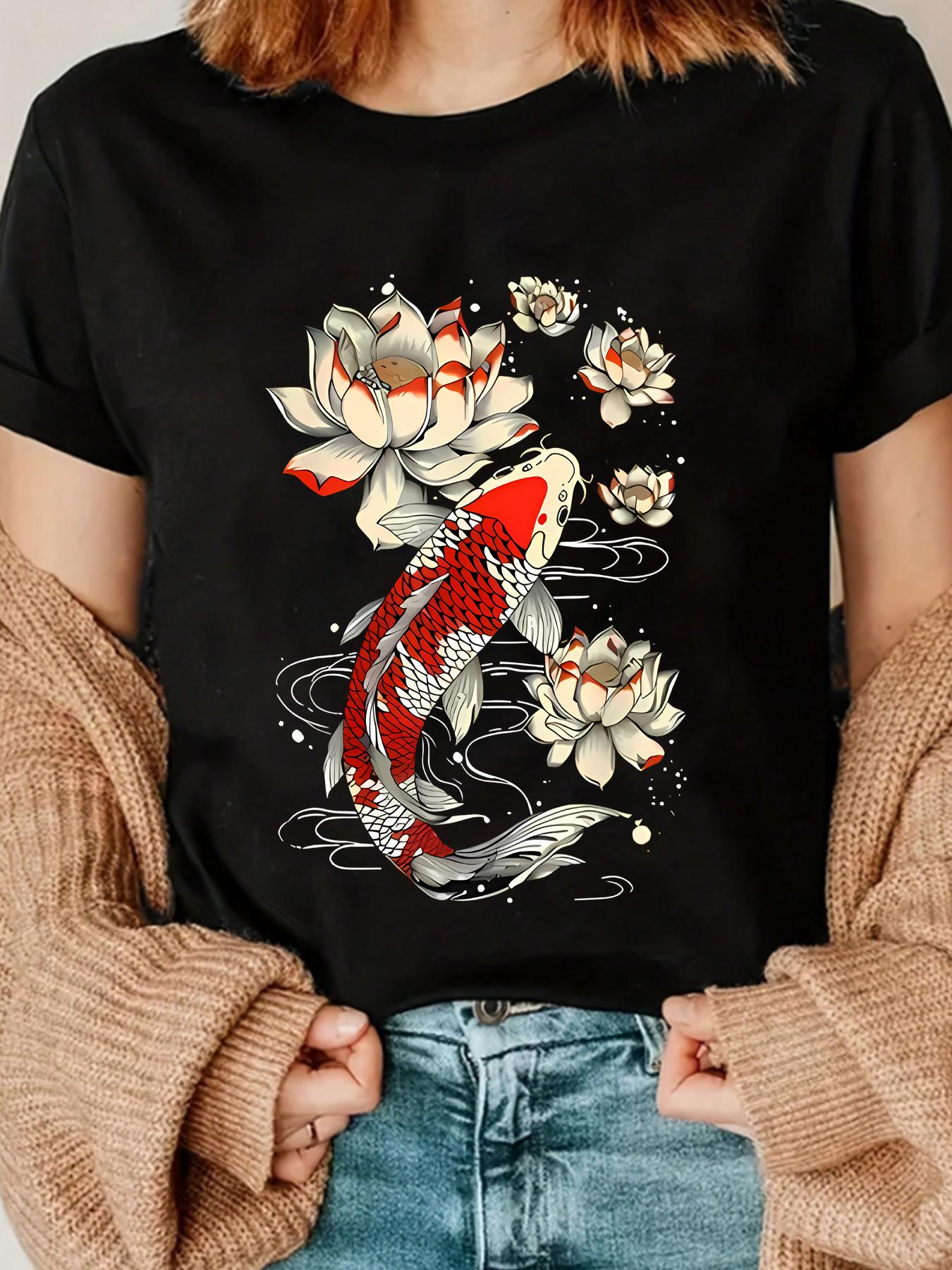 

Женская футболка Fish lotus большого размера с круглым вырезом, короткими рукавами и эластичными рукавами 3/4, с модными принтами XL