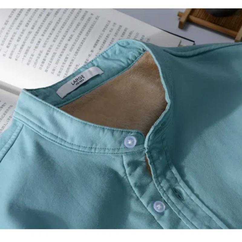 Winter Warme Herrenbekleidung Koreanischer Stil Langarm Oxfordhemden für Herren Täglich Lässig Stehkragen Einfarbig Fleecehemd mit Tasche