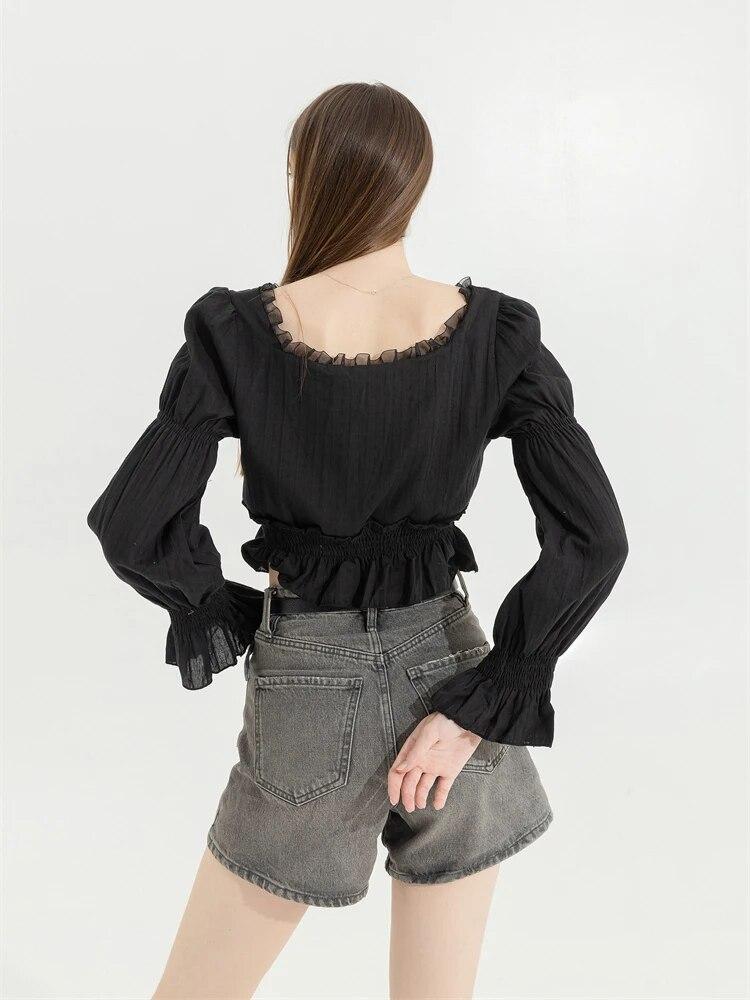 French Pleated Lantern Long Sleeve Shirt Women New Vintage White Square Collar Blouse Tops Female Korean Fashion Desidn Casual Clothing 2024