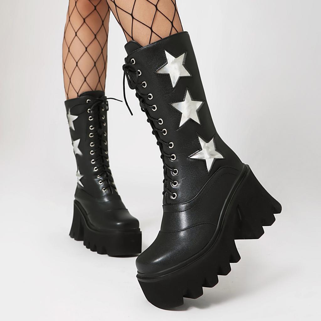 Winter Paltform Boots Women's Punk Silver Black Mid Calf Boots Starts Decor Wedges Shoes