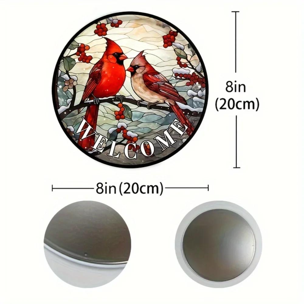 1pc, Cardinal and Holly Berry Welcome Wreath Sign, Winter Rustic Metal Tin Sign, Red Bird Decorative Stained Glass Wall Hanging