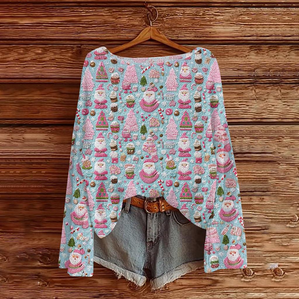 Women's Round Neck Lightweight Sweater Casual Long Sleeve Christmas Print Knit Pullover.