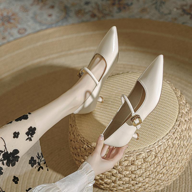 

Остроносые ретро туфли-лодочки женские средний каблук новые туфли-лодочки на шпильке с ремешком через подъем из мягкой кожи Мэри Джейн женские туфли 39