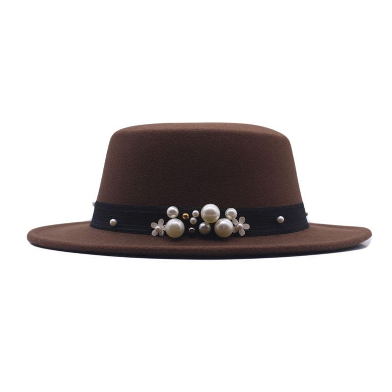 New Flat Top Flat Brim Top Hat Men's and Women's Retro Pearl Fashion British Woolen Hat