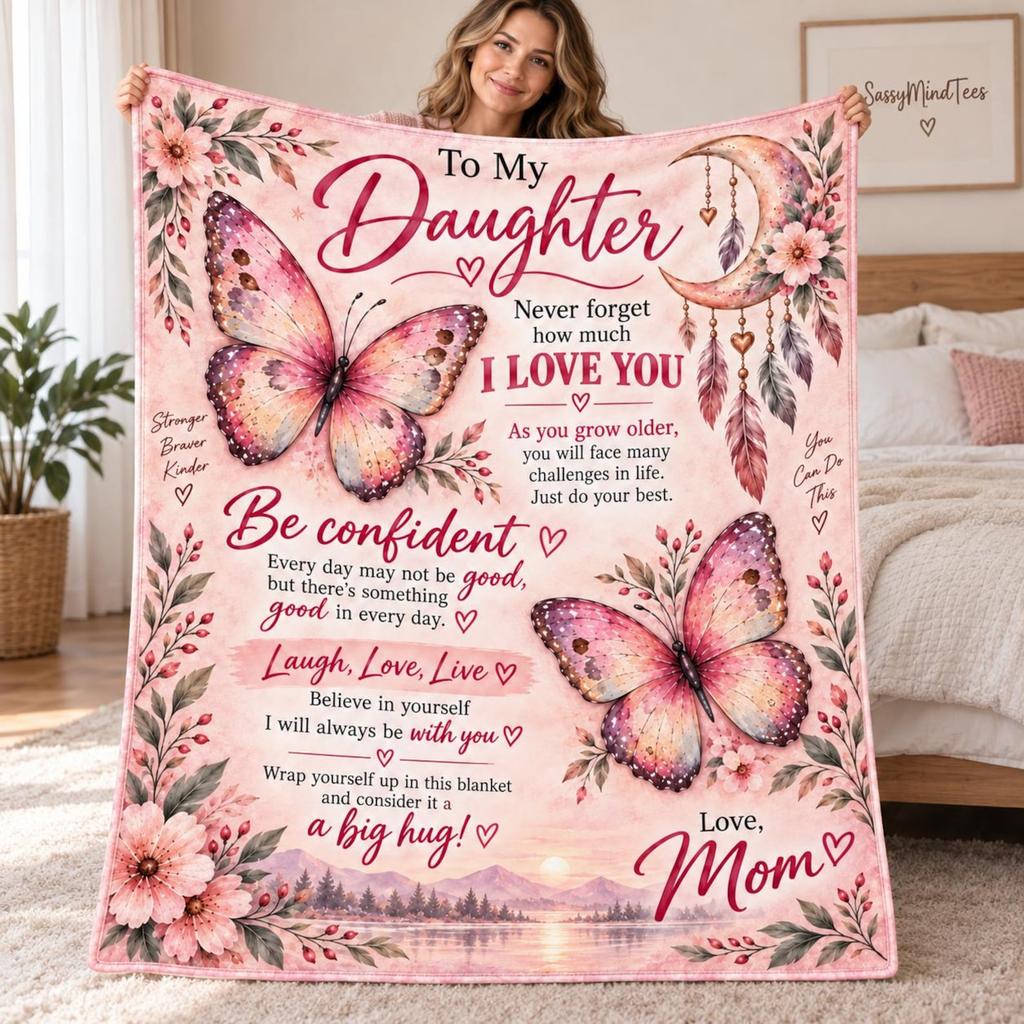 Personalized To My Daughter Blanket from Mom, Inspirational Daughter Gift, Butterfly Fleece Blanket, Birthday Graduation Gift