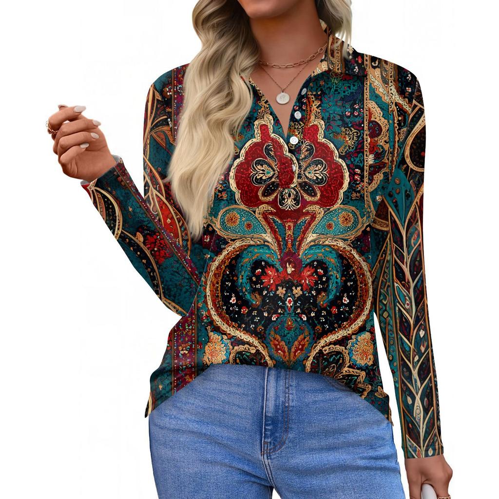 Dame Mote Casual Revers Kortermet Langermet Print Skjorte Dame Knapper Opp Topper