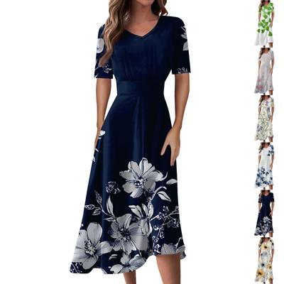 Γυναικεία Casual Fashion Floral (Φύλλο)  Φόρεμα με στάμπα με λαιμόκοψη με κοντό μανίκι στη μέση και μακριά