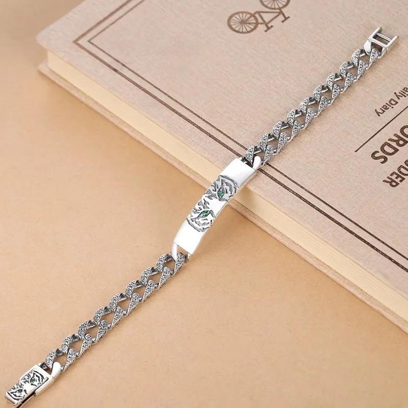 Silver Hip-Hop Stil Tigermönster Kubansk Glansig Grön Zirkon Armband för Män Parstil Kedja Armringar berlock