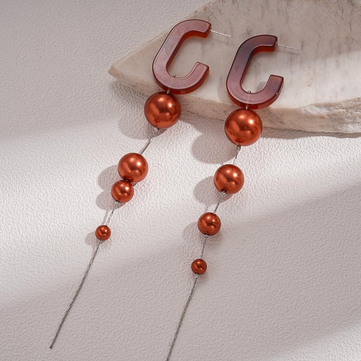 Exaggerated acrylic imitation pearl oval fringed silver needle earrings fashion earrings