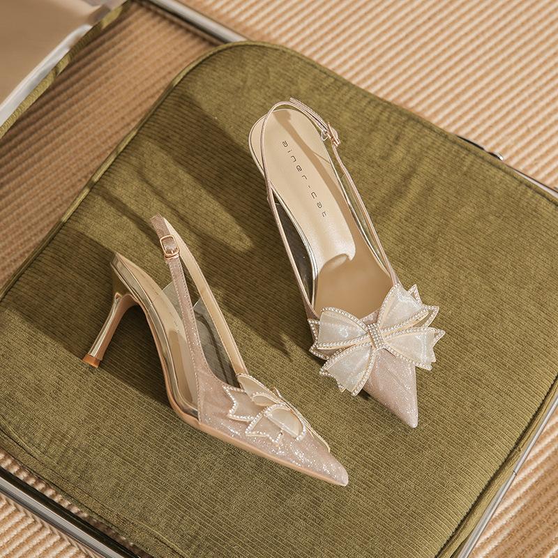 

75718 [sheepskin] high-heeled wedding shoes women s thin heels 2025 new bag head empty rhinestone bow sandals 34
