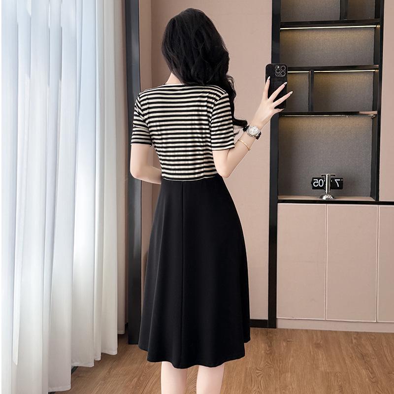 Plus Size Striped Patchwork Faux Two-Piece Slimming Short-Sleeve Summer Dress - Chic & Fashionable New Arrival