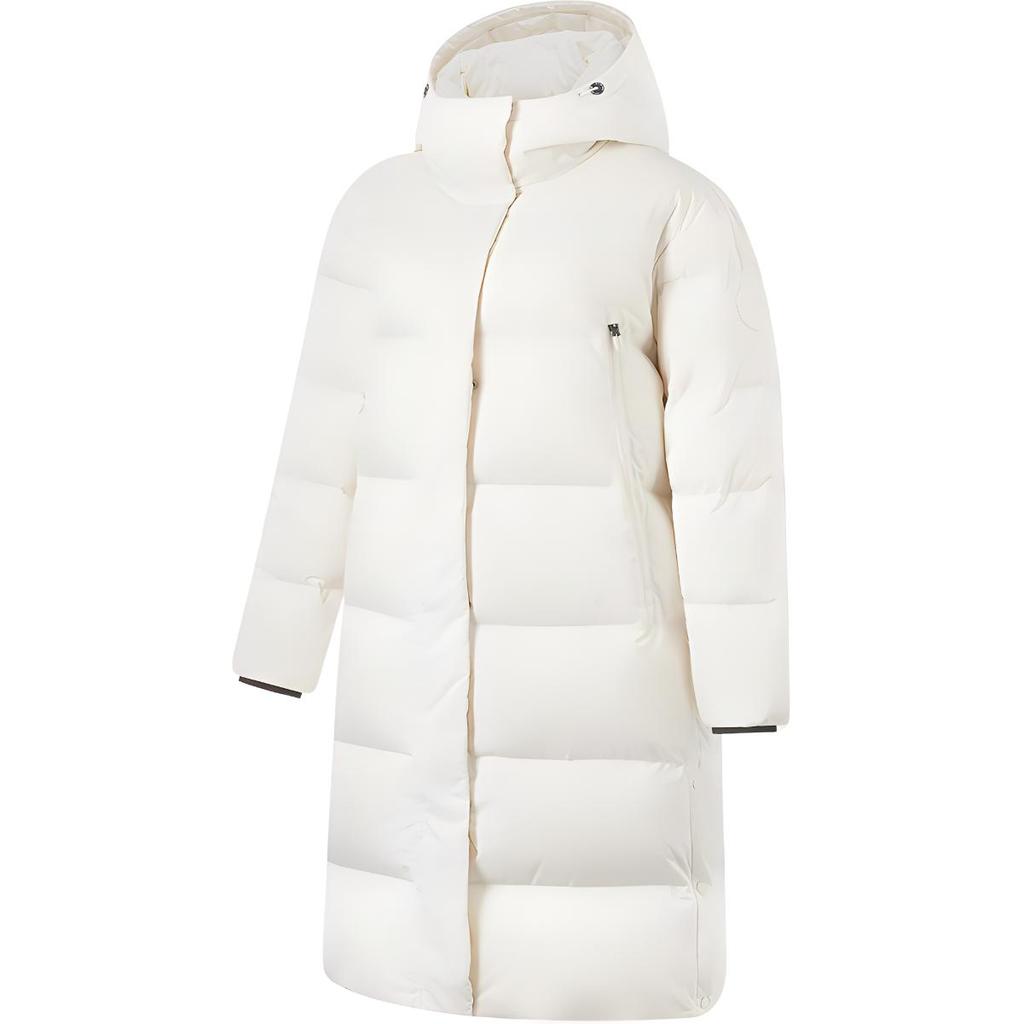 Li Ning Fitness Series Sports Leisure Loose Hooded Cold Resistant Warm Outdoor Long Down Jacket Women Outerwear Champagne-White AYMU110-1