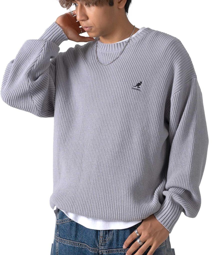Kangol Crew Knit Long Sleeve Light with a Large Silhouette and Embroidered Available in Plus Sizes Sweater, Oversized, Gray, Logo, (kpmc-10352)