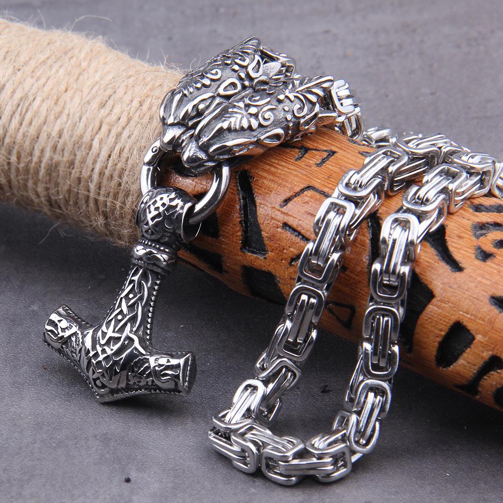 Stainless Steel Wolf Head Thor Hammer Mjolnir Viking Necklace Handmade Chain with Wooden Box Gift for Boyfriend