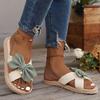 Women's Vintage Style Slide Sandals - Breathable Linen Fabric, Round Toe, Flat Heel with EVA Sole & Insole, Green Bow Detail, Perfect for Summer