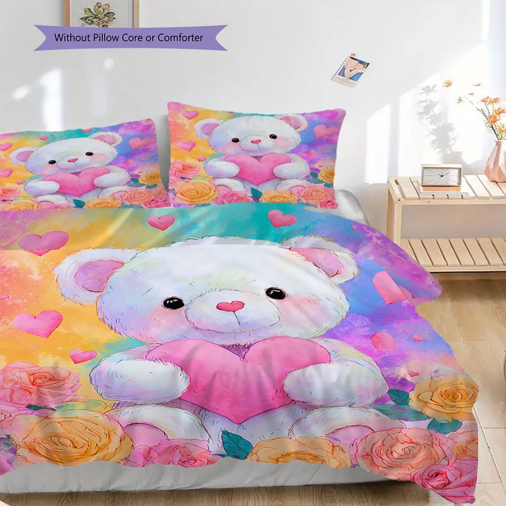 Bear Doll Pattern Bedding Quilt Set Quilt Cover Pillowcase Home Decoration Birthday Gift (1 * duvet cover + 2 * pillowcase, without core)