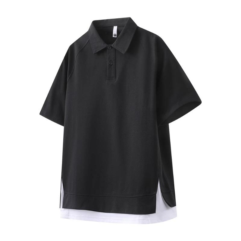 

Men Turn Down Collar Short Sleeve Polo Shirt Fake Two Piece Raglan Casual Loose Daily Tops M чорний