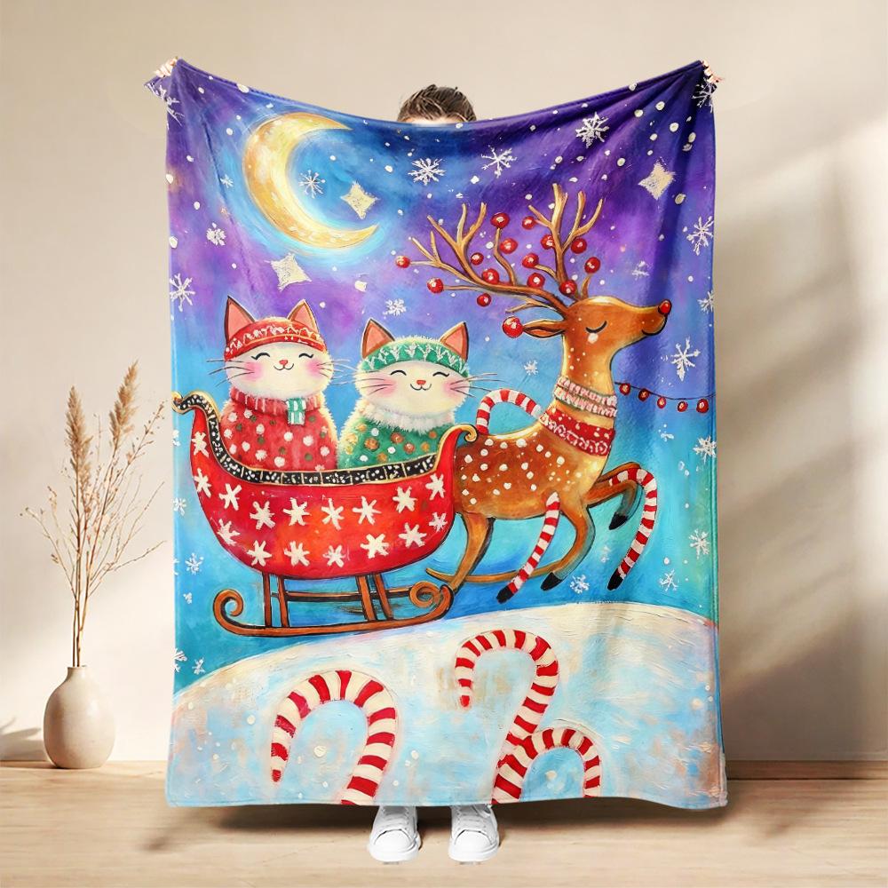 Christmas Flannel Blanket Santa Claus Puppy Soft Milu Deer, Warm Throw Blanket Winter New Year Gift For Kids, Couch Sofa Decor