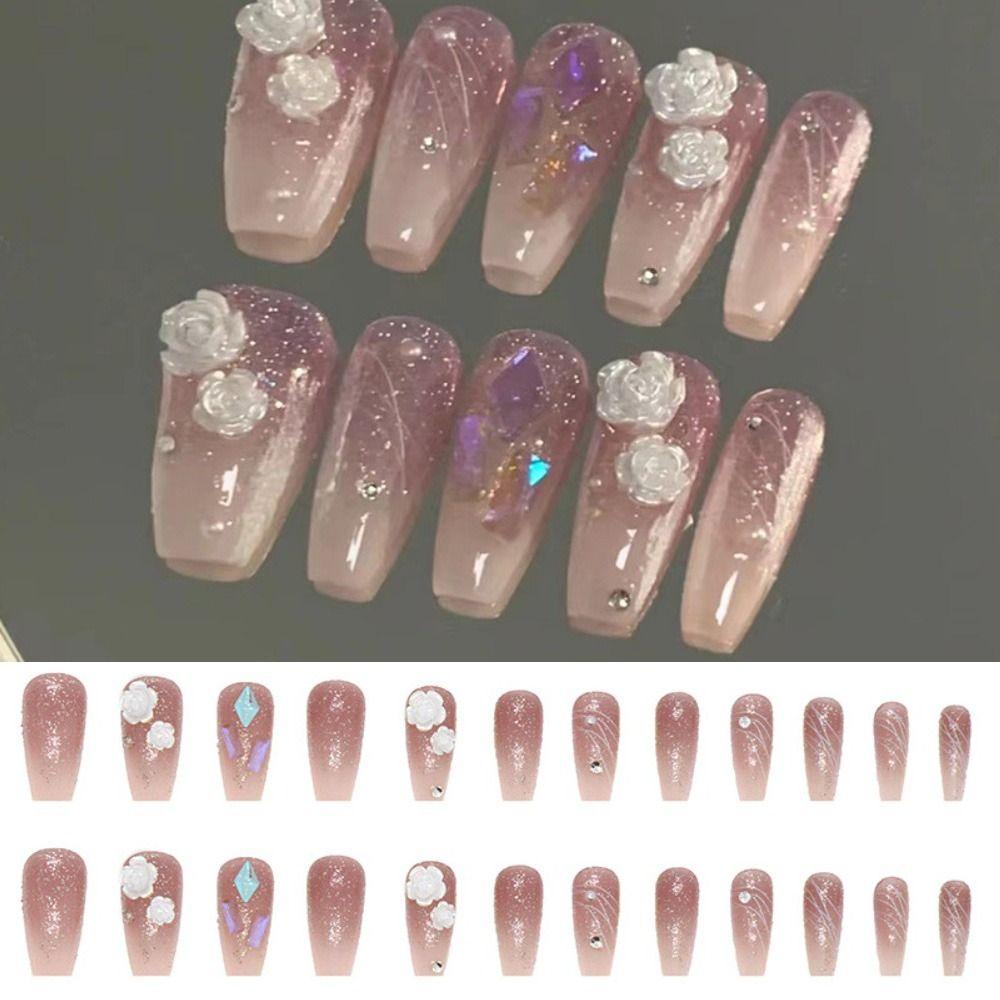 

24pcs Nail Tips Press on Nails White Camellia Full Cover Long Ballerina Fake Nails French