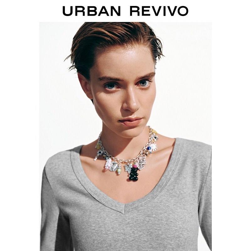 UR2026 Women's V-Neck Pleated Slim Long-Sleeve T-Shirt