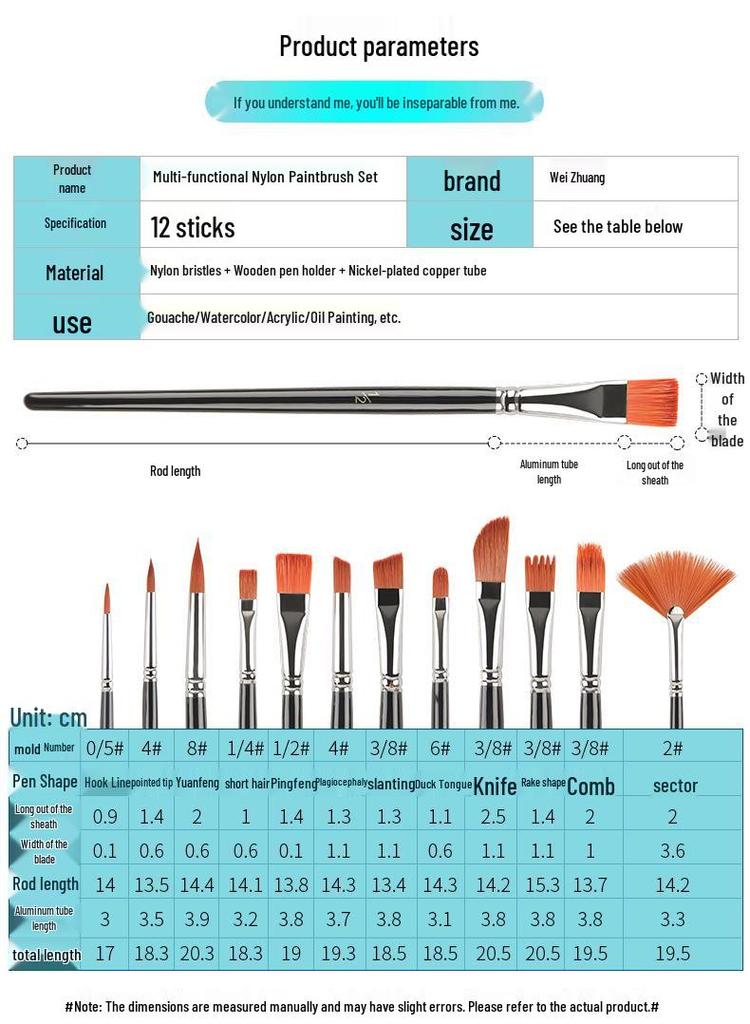 12-Piece Mixed Style Black Handle Brush Set: Short, Nylon Bristle Brushes for Watercolor, Gouache & Oil Painting